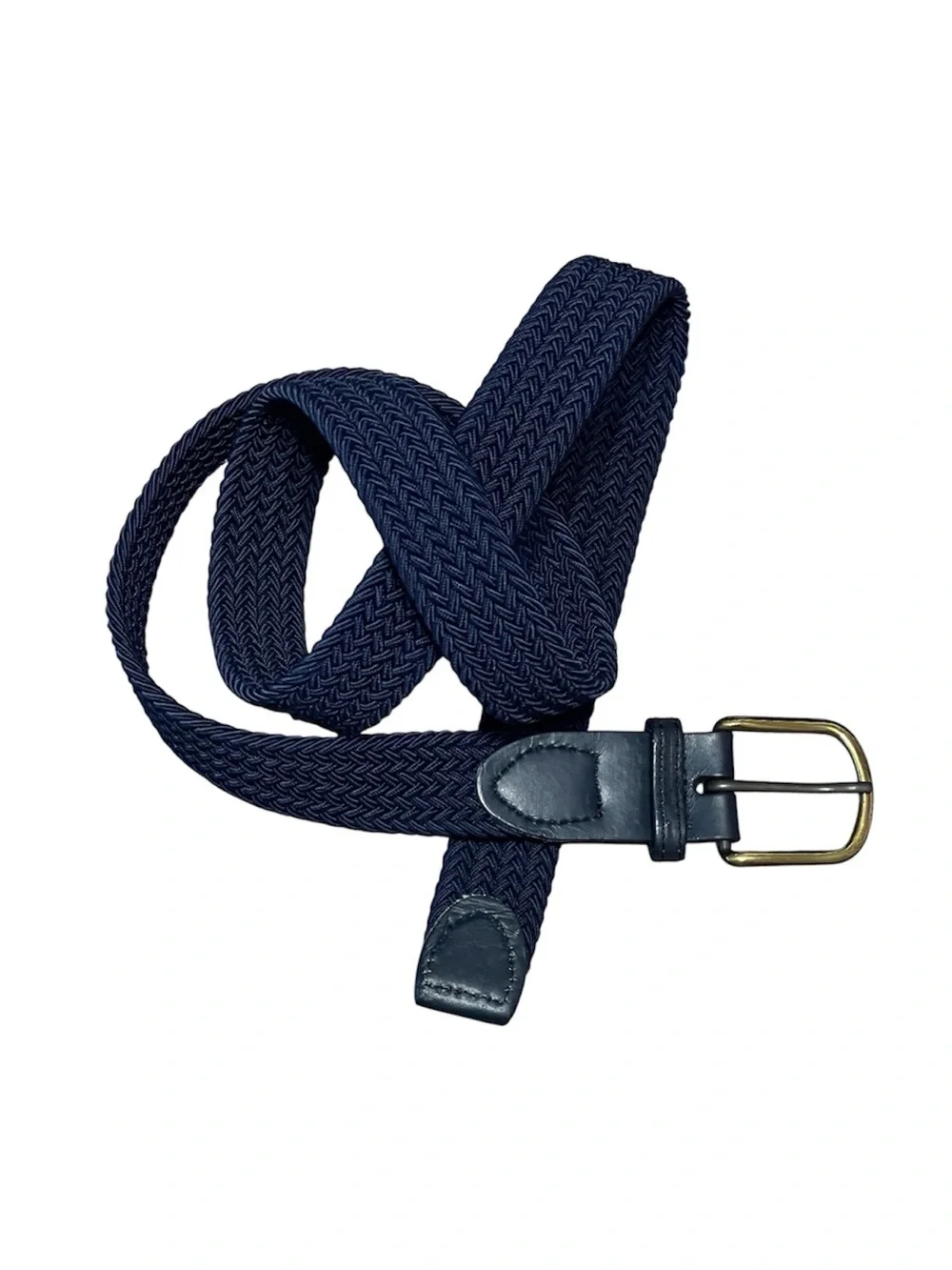 Leather Elastic Braided Woven Stretch Belt Two Tone Buckle Navy Size XL 42-44
